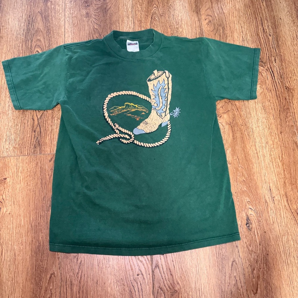 VTG Tultex Western Cowboy Boot Lasso Graphic T-Shirt Green Womens L 90s Cotton